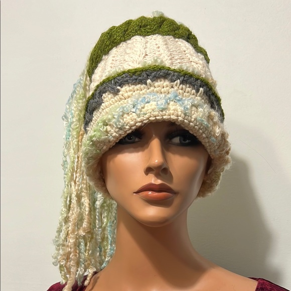 Handcrafted Cream and Green Knit Hat main image 5